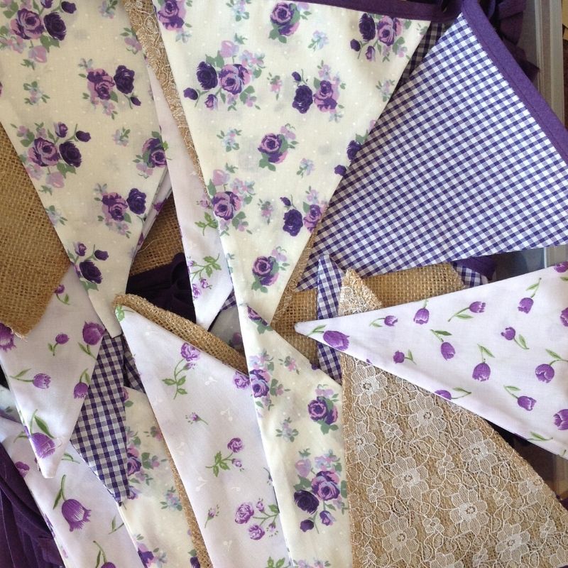 Candy Bees Handmade bunting in purple with floral, check and lace patters