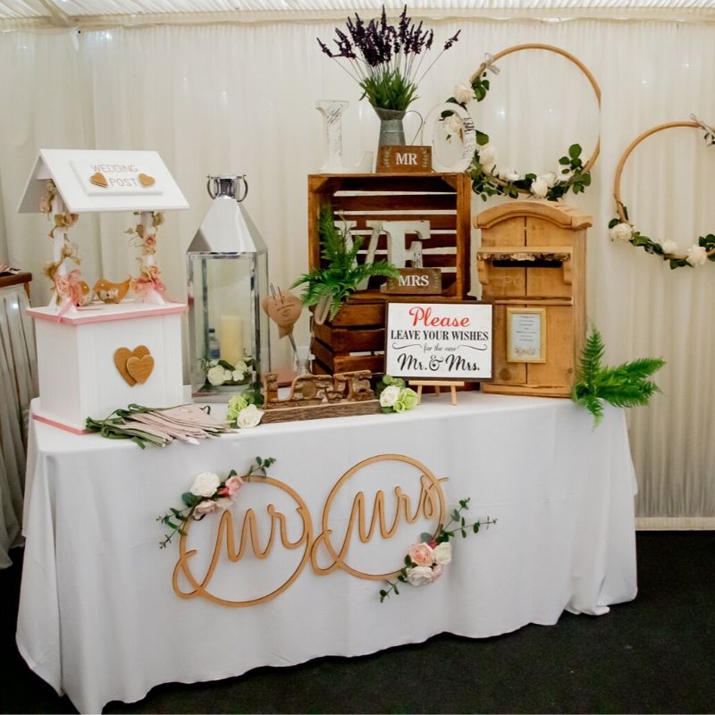 Candy Bees Wedding postbox display with Mr & Mrs hanging hoops & wooden signs