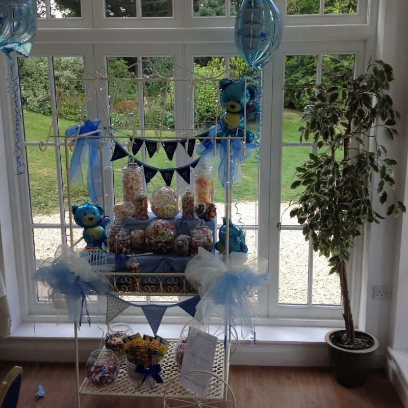 Candy Bees Sweet Cart hire for Baby Shower or birthday - all blue with bunting